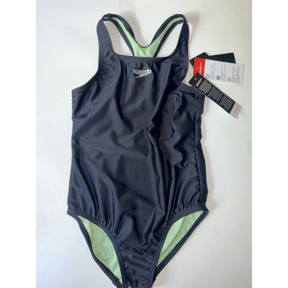 Girls Speedo One Piece Swimsuit Size 8 Black Green Athletic UPF 50+ New